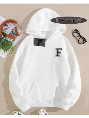 Tarzsokak Kapşonlu Sweatshirt Beyaz F Harfi Isme Özel Tasarım