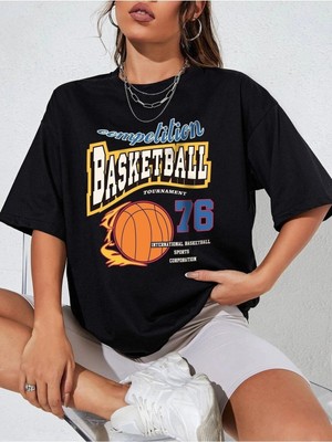 Tarzsokak Kadın Siyah Basketball Tournament Baskılı Oversize Tişört