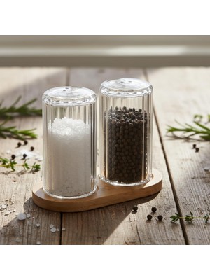 Ozka Concept Deconox Bambu Standlı 2'li Borosilikat Cam Tuzluk Biberlik Seti - Dikey Rölyefli Dekoratif Masaü