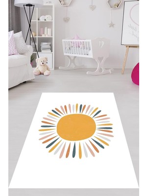 Ozka Concept Pelangi Bohem Iskandinav Beyaz Zemin Güneş Desenli Yıkanabilir Kaymaz Tutmaz Çocuk Halı, Beyaz