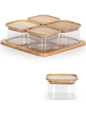 Ozka Concept Porsima HF009009 Kare 4lü Hava Geçirmez Bambu Standlı Cam Kahvaltılık Seti Bambu Kapaklı Saklama Ka