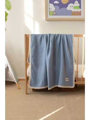 Ozka Concept Sallhomee Pamuklu 4 Katlı Müslin Bebek Battaniyesi, Mavi, 90X110 Cm, Antibakteriyel, Dantelli, Düz