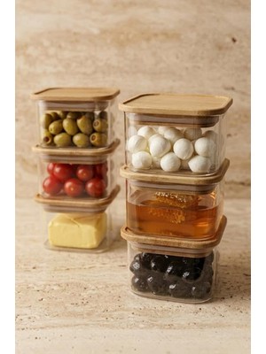 Ozka Concept Bambu Kapaklı Borosilikat Cam Saklama Kabı 6'lı 150 ml - Kahvaltılık Sosluk Düzenleyici