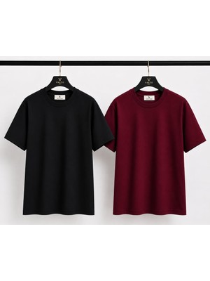 Vasto Moda Siyah - Bordo Beyaz - Turuncu 2'li Erkek Oversize Tişört