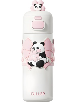 Ozka Concept Diller 480ML Sevimli Hayvanlar Süslü Pipetli/pipetsiz El Askılı Paslanmaz Çelik Termos (Pembe Panda