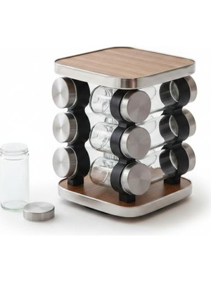 Ozka Concept Deconox 12 Parça Döner Mekanizmalı Paslanmaz Çelik Ahşap Desen Standlı Cam Baharatlık Seti - 360