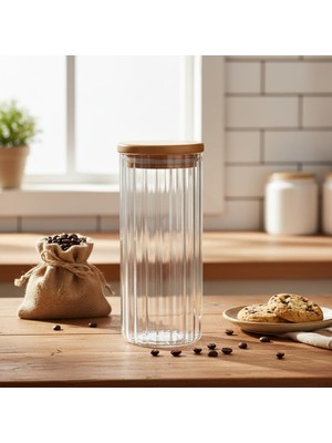 Ozka Concept Deconox Linie Bambu Kapaklı Borosilikat Cam Kavanoz - 350 ml Çizgili Vakumlu Baharatlık, Çay