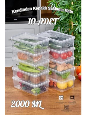 Ozka Concept Arel - 10'lu Set Yandan Açılır Kapaklı Saklama Kabı, 10 Adet 2000ML Dikdörtgen Şeffaf Kendinden Kap
