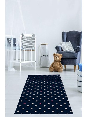 Ozka Concept Pelangi Siyah Denizci Çapa Desenli Dijital Baskı Yıkanabilir Kaymaz Taban Çocuk Odası Halısı, Siyah