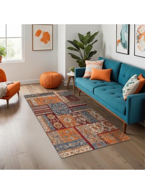 Ozka Concept Sera Patchwork Şönil Kaymaz Doğal Pamuk Tabanlı Yıkanabilir Antibakteriyel Çevre Dostu Salon Halısı