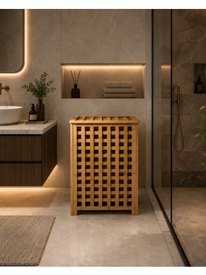 Lucky Clover Bambu Kapaklı Kirli Çamaşır Sepeti 40X40X60 cm Modern Banyo Organizer Sepet 100 Lt Büyük Boy