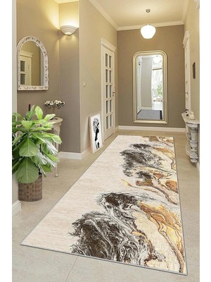 Ozka Concept Pelangi Mermer Desenli Kuş Tüyü Motifli Dijital Baskı Yıkanabilir Kaymaz Taban Salon Halı Yolluk