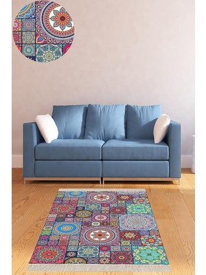 Ozka Concept Pelangi Kilim Desenli Etnik Dijital Baskı Yıkanabilir Kaymaz Taban Salon Halı, Pembe 180 x 3