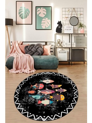 Ozka Concept Pelangi Renkli Balıklar Desenli Eskitme Zemin Dijital Baskı Yıkanabilir Kaymaz Taban Yuvarlak Salon