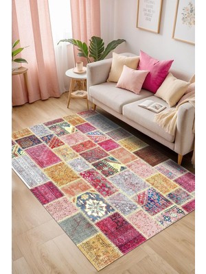 Ozka Concept Alvam Patchwork Şönil Kaymaz Doğal Pamuk Tabanlı Yıkanabilir Antibakteriyel Çevre Dostu Salon Halıs
