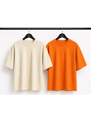 Vasto Moda Ekru - Turuncu Beyaz - Turuncu 2'li Erkek Oversize Tişört