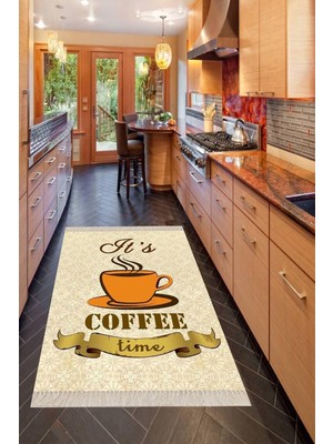 Ozka Concept Pelangi Bej Coffe Time Kahve Desenli Dijital Baskılı Kaymaz Taban Halı, Bej-Turuncu 100 x 100