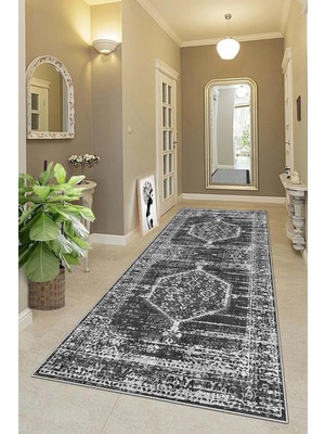 Ozka Concept Pelangi Osmanlı Desen Göbekli Dijital Baskı Yıkanabilir Salon Halısı Yolluk, Gri 80 x 150