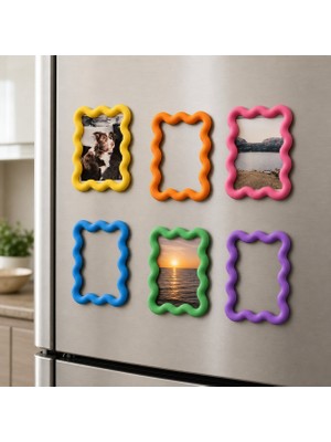Popüler Sepet 3D Baskı 6lı Asorti Renk Dalgalı Magnet Fotoğraf Çerçevesi Seti - Buzdolabı Için Mini Manyetik Resim Çerçevesi