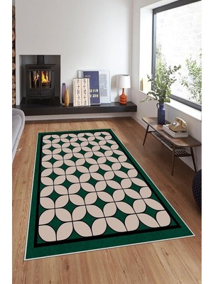 Ozka Concept Pelangi Yeşil Osmanlı Motifli Yıkanabilir Kaymaz Taban Tutmaz Salon Halısı Yolluk, Y