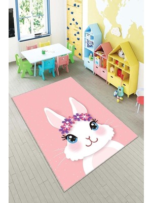 Ozka Concept Pelangi Pembe Tavşan Desenli Yıkanabilir Kaymaz Taban Tutmazbebek Çocuk Odası Halısı, Pembe