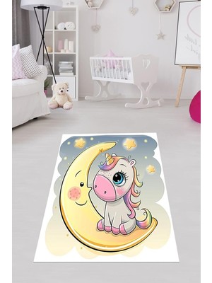 Ozka Concept Pelangi Unicorn Ay Yıldız Desenli Dijital Baskı Yıkanabilir Kaymaz Taban Çocuk Odası Halısı, Sarı-G