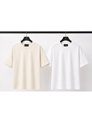 Vasto Moda Ekru - Beyaz 2'li Erkek Oversize Tişört