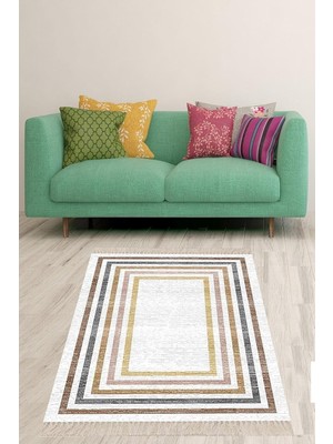 Ozka Concept Pelangi Renkli Geometrik Çerçeveli Yıkanabilir Kaymaz Taban Tutmaz Salon Halı, Renkli 6