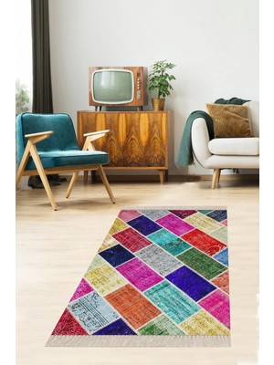 Ozka Concept Pelangi Kilim Desenli Renk Bloklu Etnik Dijital Baskı Yıkanabilir Kaymaz Taban Salon Halısı,