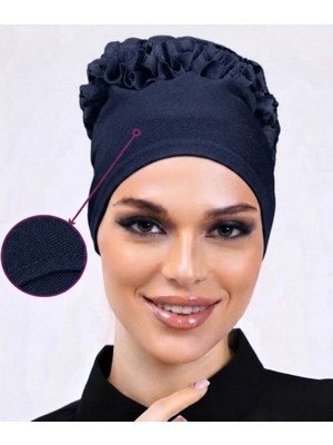 Alivascarf Kaymayan Fırfırlı Silikonlu Dikişsiz Kaymaz Bone Kadın Tesettür Bağlamalı Iç Bone Lacivert