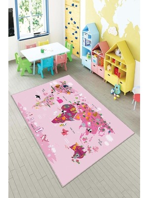Ozka Concept Pelangi Pembe Haritası Desenli Yıkanabilir Kaymaz Taban Tutmazbebek Çocuk Odası Halıs