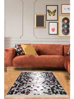 Ozka Concept Pelangi Bal Peteği Desenli Dijital Baskı Yıkanabilir Salon Halı Yolluk, Siyah 160 x 300