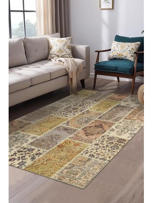 Ozka Concept Latte Dizayn Serene Patchwork Desenli Şönil Pamuk Tabanlı Yıkanabilir Kaymaz Antibakteriyel Salon H