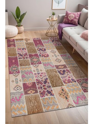 Ozka Concept Elara Patchwork Şönil Kaymaz Doğal Pamuk Tabanlı Yıkanabilir Antibakteriyel Çevre Dostu Salon Halıs