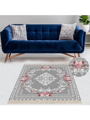Ozka Concept Pelangi Gül Desenli Çerçeveli Dijital Baskı Yıkanabilir Kaymaz Taban Salon Halısı Yolluk