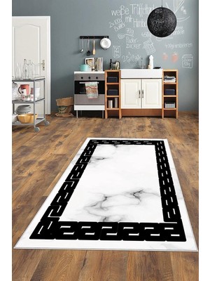 Ozka Concept Pelangi Beyaz Desenli Siyah Detaylı Yıkanabilir Kaymaz Taban Tutmaz Salon Halısı Yol