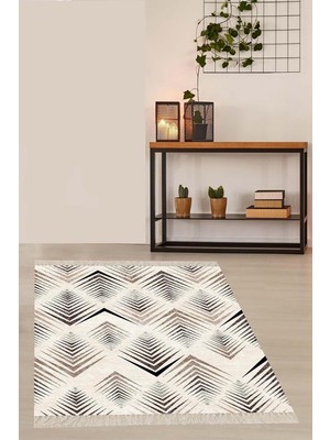 Ozka Concept Pelangi Bej Geometrik Çizgi Desenli Dijital Baskı Yıkanabilir Kaymaz Taban Etnik Kilim Desen Salon