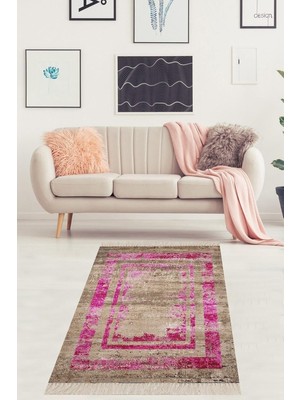 Ozka Concept Pelangi Eskitme Model Fuşya Çerçeveli Dijital Baskı Yıkanabilir Kaymaz Taban Salon Halısı Yolluk