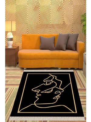 Ozka Concept Pelangi Line Yüz Desenli Dijital Baskı Yıkanabilir Salon Halı, Siyah-Sarı 80 x 300
