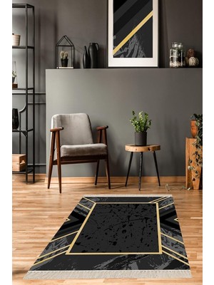 Ozka Concept Pelangi Mermer Desenli Gold Çerçeveli Dijital Baskı Yıkanabilir Kaymaz Taban Salon Halı Yolluk,