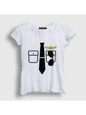 Presmono Kadın Beyaz Kaptan Pilot Airplane Uçak T-Shirt