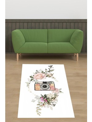 Ozka Concept Pelangi Fotograf Makinesi Çiçekler Yıkanabilir Kaymaz Taban Tutmaz Salon Halısı, Beyaz-Pemb