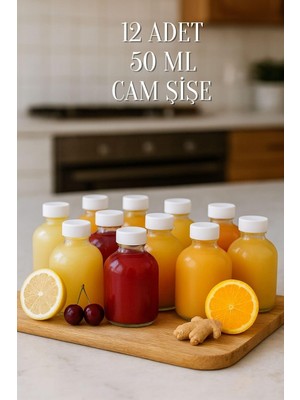 Ozka Concept 12 Adet Cam 50 ml Mini Shot Ginger Şişe Plastik Sızdırmaz Kapaklı Kolonya Küçük Kavanoz