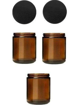 Ozka Concept 3 Adet 210 ml Cam Kavanoz Amber Mumluk 210 cc Metal Siyah Kapaklı Mum Kavanozu Kahverengi