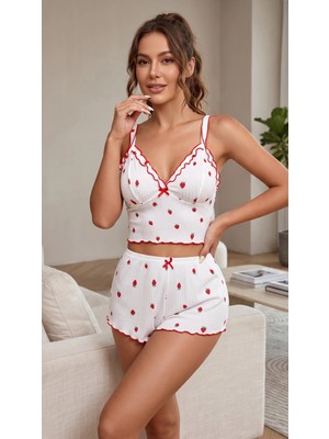Marsilyan Kadın Beyaz Üzeri Çilek Desenli Fitilli Şortlu Pijama Takımı