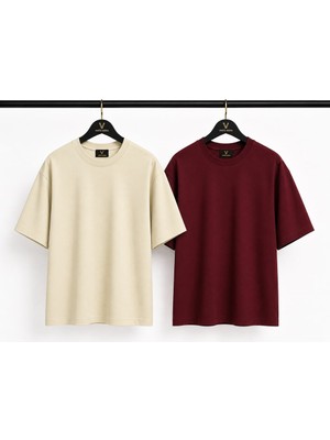 Vasto Moda Ekru - Bordo 2'li Erkek Oversize Tişört