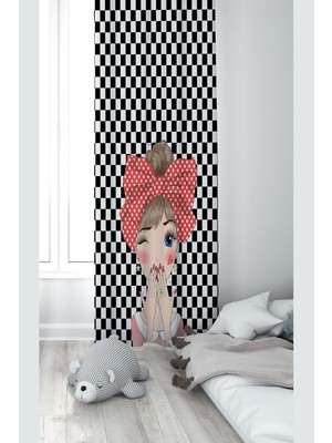 Ozka Concept Pelangi Siyah Beyaz Şaşkın Kız Desenli Dijital Baskı Yıkanabilir Bebek Çocuk Odası Fon Perdesi, Siy