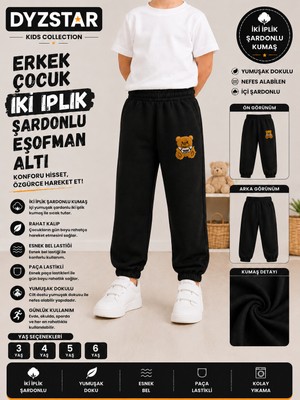 Dyzstar Kız Çocuk Eşofman Altı Siyah 2 Iplik Şardonlu Ayıcık Baskılı Paça Lastikli Rahat Kalıp