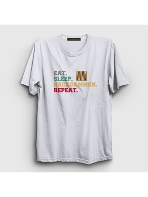 Presmono Unisex Beyaz Eat Sleep Backgammon Repeat Tavla T-Shirt