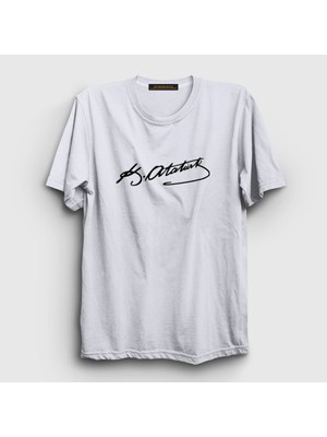 Presmono Unisex Beyaz Kemal Atatürk İmzalı T-Shirt